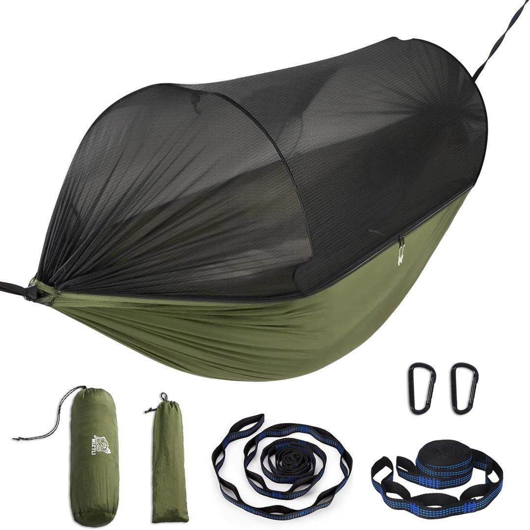 Miztli Camping Hammock -Portable Hammock w/Spacious Net & Tree Straps w/Adjustable Loops, Double and Single Hammock for Outdoor, Indoor, Hiking and Travel (106" x 55, Green)
