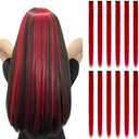 12PCS Colored Red Hair Extensions Straight Multicolor Clip in Colorful 20 Inch Rainbow Hair Extensions for Kids Women's Gifts Halloween Christmas Party Highlights (12pcs Red)