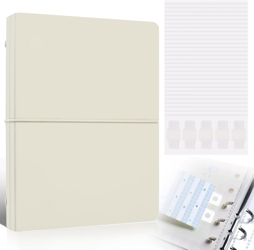 Refillable A5 Binder 6 Ring Cover for Planner Journal Budget Notebook Making with 300 PCS Binder Sheet Converter Sticker, Loose Leaf Cover with 20mm Inner Diameter Ring (Smooth-Beige)