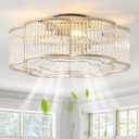 20" Gold Ceiling Fans with Lights Flush Mount, Gold Crystal Ceiling Fan with Light Remote Control, Mid-Century 6 Speeds for Bedroom, Living Room, Nursery (Clear)