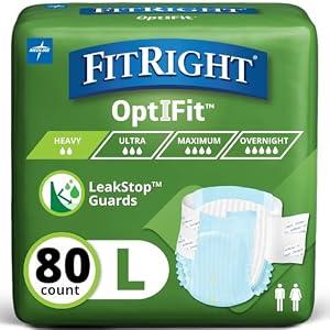 FitRight Adult Diapers, Extra+ Heavy Absorbency, L (Waist Size 44in-56in), 80 Count, OptiFit Incontinence Briefs for Men and Women, Disposable, Moisture-Wicking, Leak Protection.