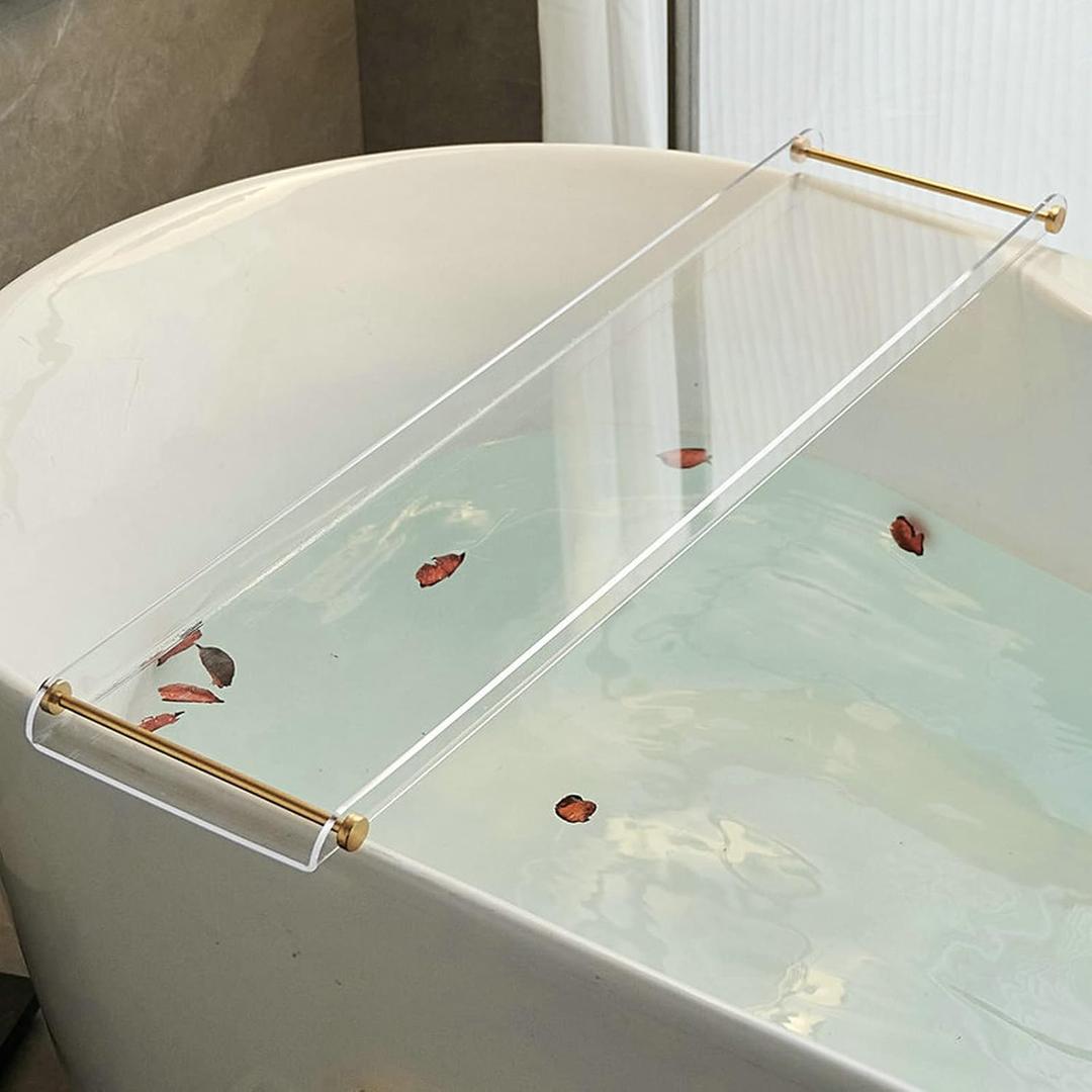 Acrylic Bathtub Tray Caddy, Clear Bath Shelf Tub Rack with Golden Handle, Luxury Bathroom Organizer Tablet Holder SHUNLI 30"L x 8"W x 1"H