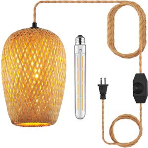 Plug in Pendant Light Handwoven Bamboo Pendant Lamp Boho Modern Wicker Hanging Lights Rustic Country Natural Basket Hanging Lamp for Kitchen Study Bedroom Cafe 1Pack (Shape of vase(Dimmable))