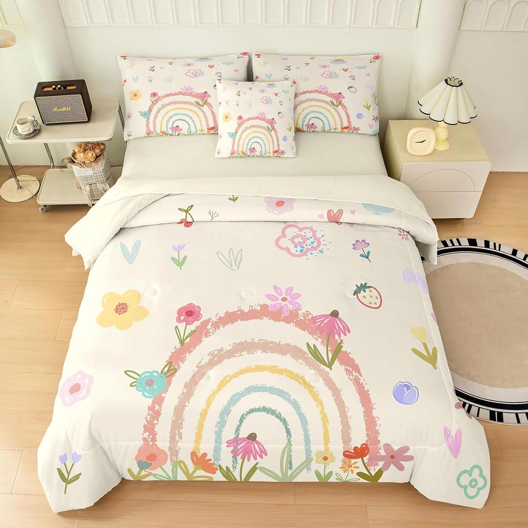 6 Pieces Colorful Rainbow Comforter Set Full for Girls, Cartoon Love Hearts Flowers and Grass Rainbow Bedding Set, Soft Microfiber Bedding Sets in a Bag with Comforter, Sheets, Pillowcases