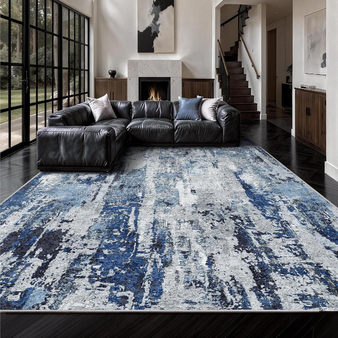 8x10 Area Rugs, Abstract Morden Soft Washable Rug, Non-Slip Low Pile Rugs for Living Room, Bedroom, Dining Room, Home, Office(A-Ocean Blue)