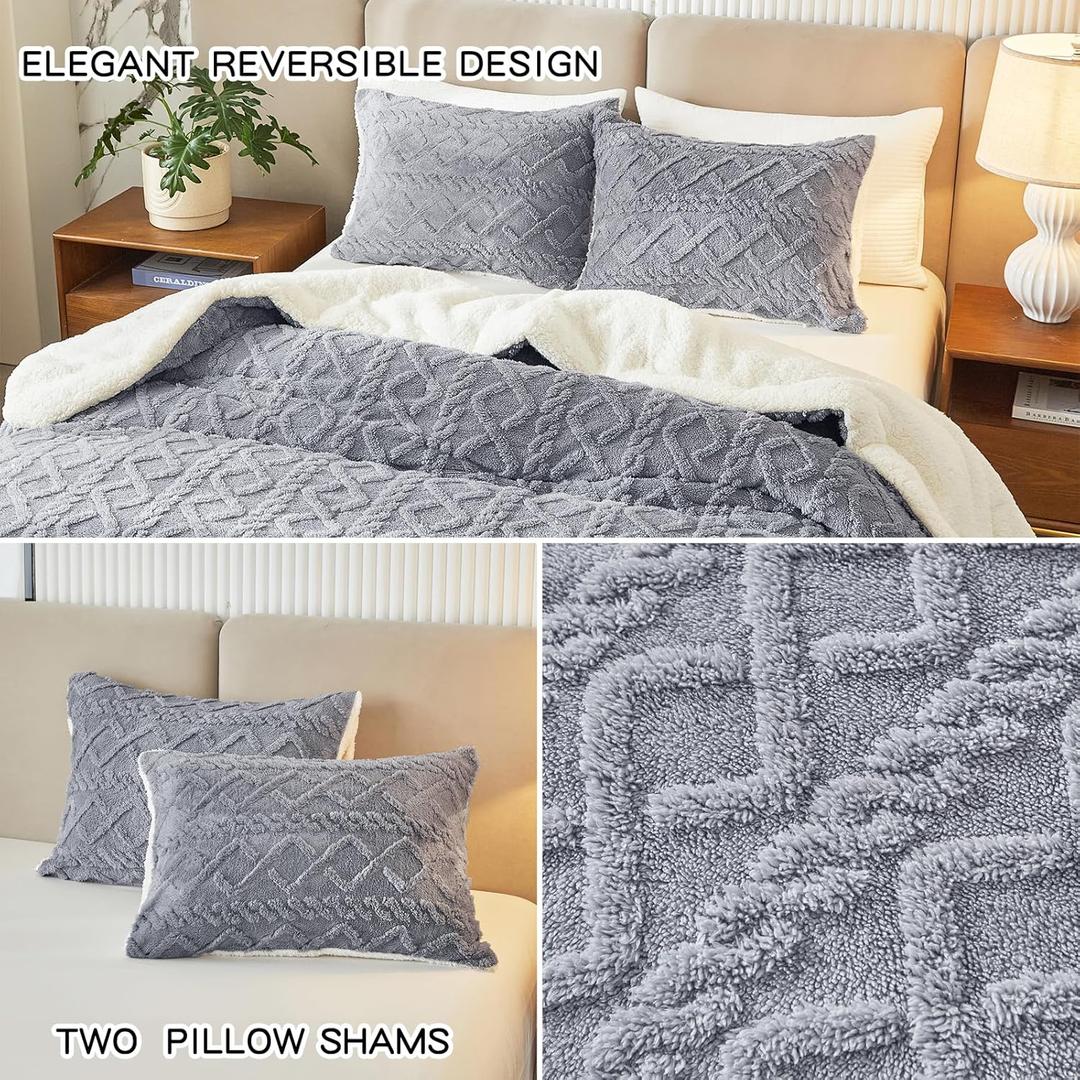 Joyreap 2-Piece Fluffy Faux Fur Sherpa Pillow Set Light Gray, Queen Size Luxury Tufted Pillow Shams Set