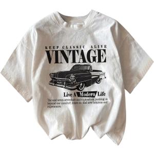 Women's Graphic Letter Tee Crew Neck Drop Shoulder Trendy Summer T Shirt Short Sleeve Vintage Car Print Top (XX-Small, White)