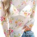 Floral Lace Mesh Top Women Long Sleeve Sheer Tops Mock Neck See Through Tee Shirts Fitted Sexy Going Out Outfits (L)
