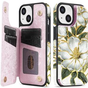 NNH Compatible with iPhone 14 Wallet Case with RFID Blocking Card Slots Folio Flip PU Leather Kickstand Double Magnetic Clasp Design Cover for iPhone 14(6.1 inch-Magnolia Flowers)