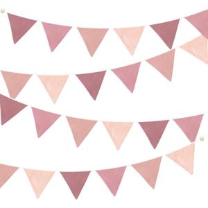 2 x 2 Sets of Dusty Pink Pennant Banner Flags Nursery Garland 24Pcs Blush Pink Linen Fabric Triangle Streamers for Kids Girls Birthday Boho Baby Bridal Shower Wedding Party Decorations Baby Bedroom Decor