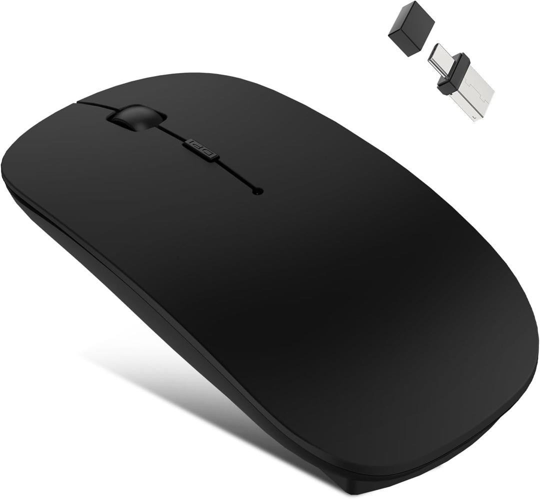 Bluetooth Wireless Mouse Built-in Mouse Jiggler for MacBook Pro MacBook Air Mac Laptop iPad Pro Computer PC,Rechargeable Silent Slim Wireless Mouse(USB-A&USB-C+ Bt5.2/3.0) with Jiggler Mode - Black