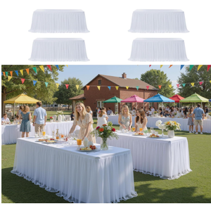 CO-AVE 4pack White Tulle Tablecloth for 6ft Rectangular Tables, 2-in-1 Elastic Stretch Spandex Cover with Tutu Ruffle Skirt, Wrinkle Free for Wedding, Birthday, Banquet, Buffet, Bridal Shower