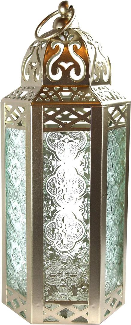 VELA LANTERNS White Gold Moroccan Candle Lantern Decorative Candle Holder Lamp for Table or Hanging, Ramadan Decorations, Indoor Home Decor, Outdoor Patio or Porch, Weddings, Medium