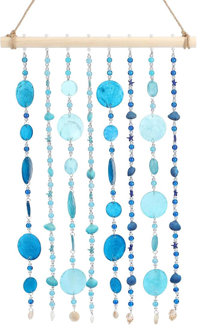 Novabright Capiz Shell Wind Chime for Outside Handmade Ocean Themed Shell Wind Chimes for Outdoors Coastal Nautical Decor for Patio Garden Porch Beach Themed Gift for Nature Lovers(Modern,Blue)
