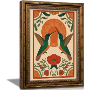 Vintage Gold Framed Hummingbird Wall Art Scandinavian Pictures Floral Bird Painting Canvas Prints Birds Poster Artwork Neutral Farmhouse Wall Decor for Living Room Bedroom Kitchen16x24in