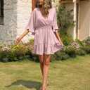 Aoysky Womens V Neck Casual Dresses Summer Loose High Waist Ruffle Pleated Cute Mini Short Dress (XX-Large, Pink)