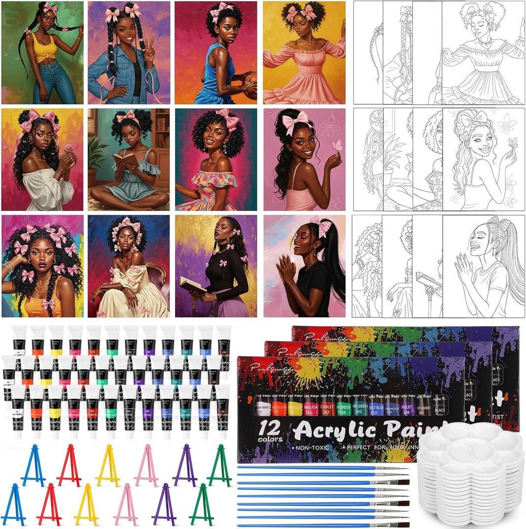 Sherr 108 Pcs 12 Set Black Girl Sip and Paint Kit for Adults 8''x10'' Pre Drawn Canvas to Paint DIY Acrylic Painting Kit Pre Printed Canvas for Date Night Mother's Day Party Team Building