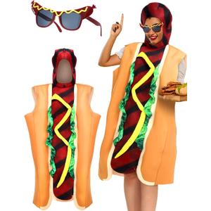 2 Pcs Halloween Hot Dog Costume with Funny Makeup Glasses Unisex Adult Hotdog Costume Fancy Dress for Cosplay Carnival Party XS