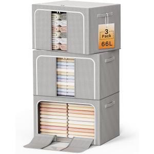 Clothes Storage Bins with Metal Frame Foldable Storage Box Clothes Organizers Storage Containers for Clothes Sheets Blankets Books Toys Gifts and Holiday Decorations (66Lx3 Pack)