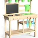 Cedar Wood Outdoor Play Kitchen for Kids, Mud Kitchen with Water Faucet, Dual-Sided Chalkboard, Storage Shelves, Cups, Removable Sink, and Pretend Stove  Backyard Toddler Playset for Boys and Girls (01)