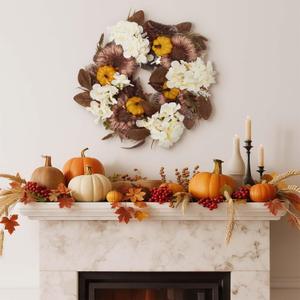 16 Inch Fall Hydrangea Wreaths for Front Door Artificial Autumn Pumpkin Chrysanthemum Wreaths for Thanksgiving Fall Harvest Outside Indoor Wall Window Decor