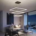 Modern LED Chandelier, 3 Ring Square LED Pendant Ceiling Light, Dimmable Foyer Chandelier Lighting Fixture, Adjustable Height Over Table Hanging Light for Living Dining Room, Bedroom, Study Room (Black light down)