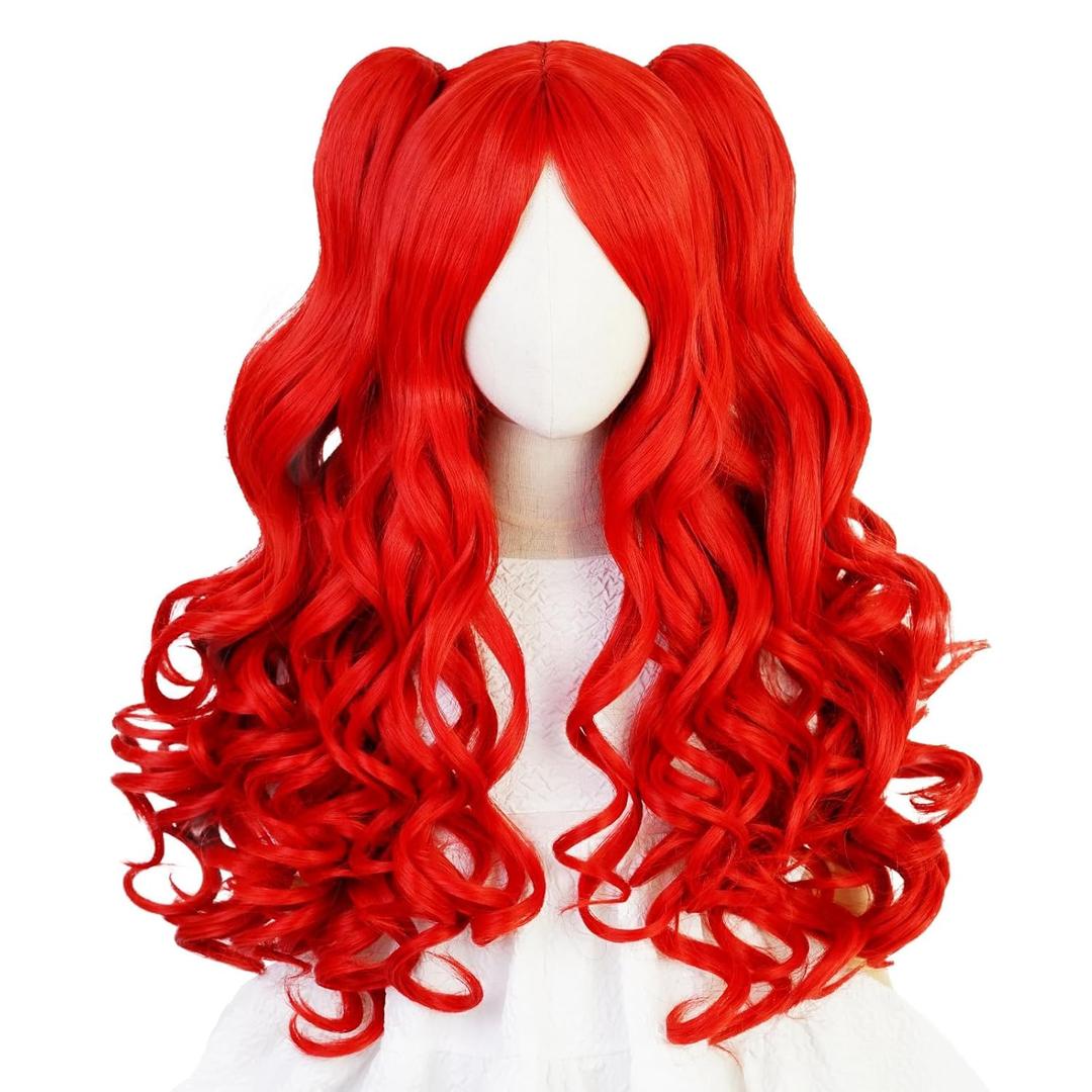 Half and Half Long Curly Red Ponytail Wig Vibrant Red Clown Wig Twin Tail Wigs for Halloween Party Costumes
