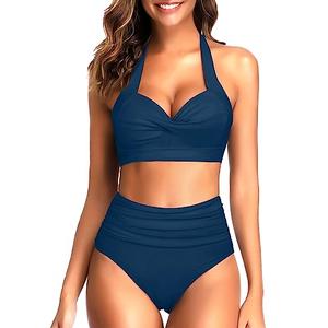 Tempt Me Women's Vintage Swimsuits Deep Indigo Blue Retro Halter Ruched High Waist Bikini with Bottom XL