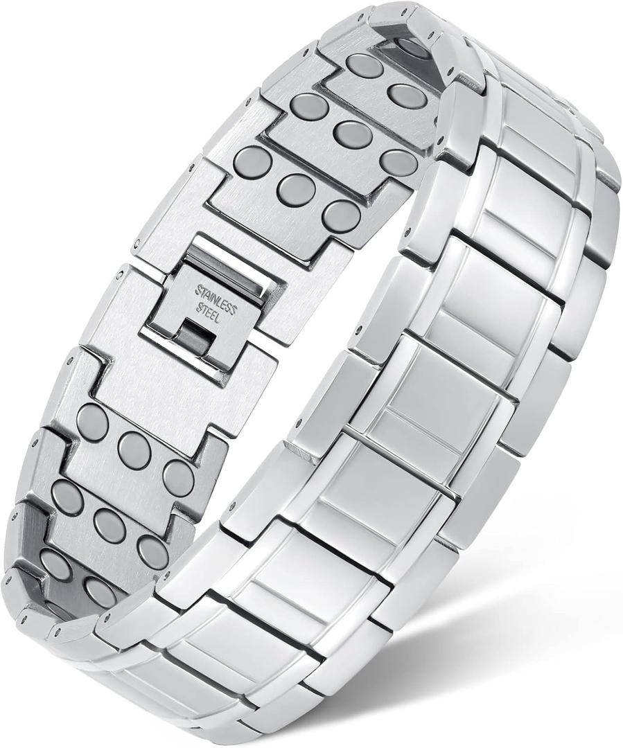 Feraco 3X Magnetic Bracelets for Men Titanium Steel Magnetic Bracelet with 3 Rows Magnets (Gunmetal) (Silver)