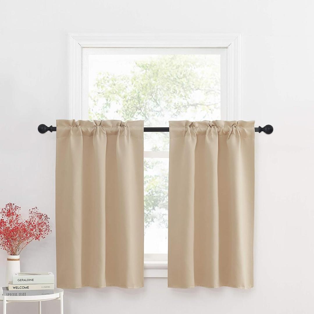 Short Cafe Curtain Panles Adjustable Double Rod Pocket Tiers 36 inches Length + 1.6" Header Curtains for Small Window/Kitchen/Bathroom/Nursery (2 Panels, 29" Wide Each Panel, Biscotti Beige)