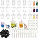 OLYCRAFT 218pcs Mini Cup Keychain Kit NO-Glue Bubble Tea Keychain Accessories Set Bubble Tea Keychains Kit Mini Cup Pendants with Rings Tassels Bubbles Straws for Key Chain DIY Earring Making