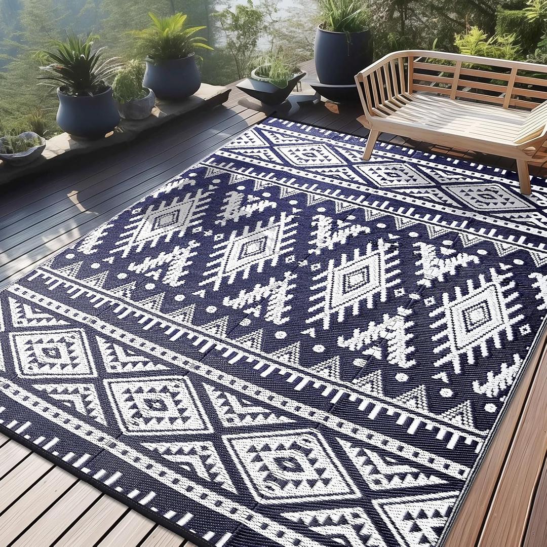 OLANLY Outdoor Rug Waterproof 10x14 ft, Reversible Outdoor Plastic Straw Rug, Boho Patio Rug, Indoor Outdoor Carpet, RV Mat Outside for Patio, Camp, Picnic, Balcony, Deck, Backyard, Navy & White