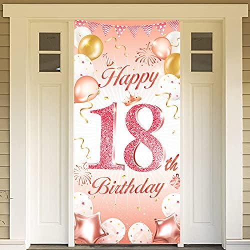 DPKOW Rose Gold 18th Birthday Party Decoration - Banner for Backdrop, Door & Wall; 185 x 90cm Fabric