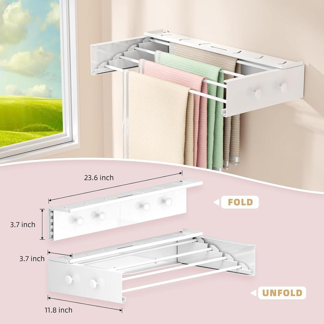 Wall Mounted Drying Rack Upgrade, Laundry Clothes Drying Rack Foldable, Collapsible Drying Rack Clothing Wall Mount, with Hooks and Wall Template for Indoor Outdoor Hanging Clothes, 60lbs, 23.6 Inch (White) 1 Pack