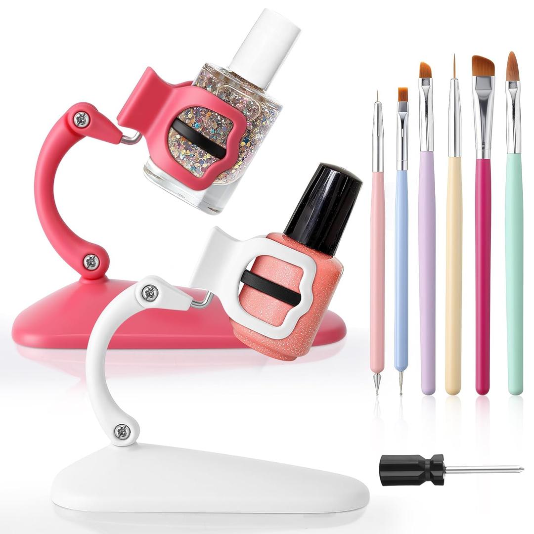 2 x Enhon 2 Pack Nail Polish Holder Stand with 6 Nail Art Brushes, Tilted Fingernail Polish Bottle Holder, Adjustable Angle And Anti-Spill, Fingernail Art Accessories Tools Includes Cross Screwdriver
