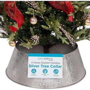 BIRDROCK HOME 4-Panel Christmas Tree Collar - Metal Holiday Skirt Decor - Water Base Protection from Pets (Silver - Hammered)