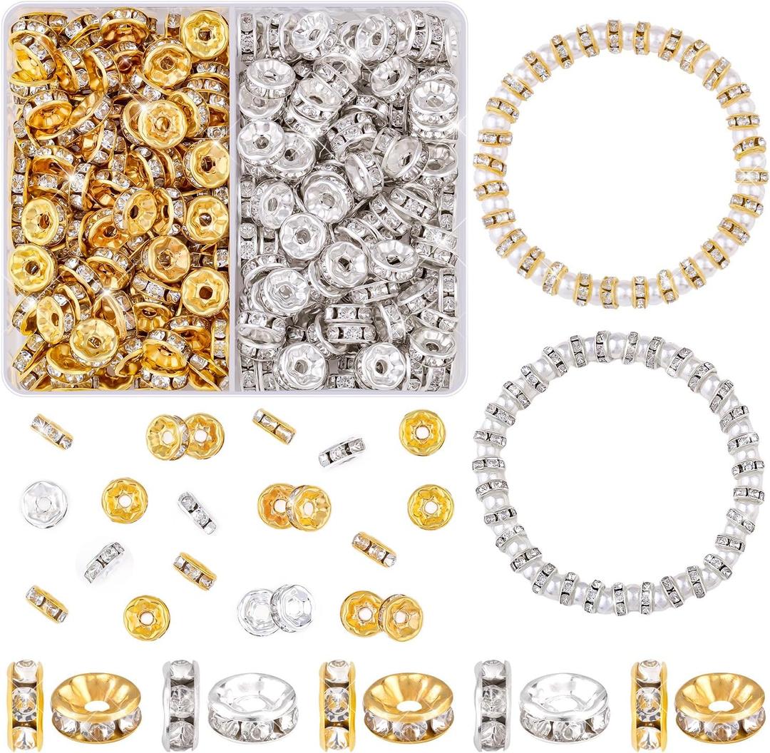 TINKRSTUFF 200 pcs 8mm Spacer Beads for Crafting, Silver and Gold Rondelle Bead Bulk, Fancy Sparkle Crystal Rhinestone Spacer Beads for Necklace Bracelet Earring Jewelry Making and Pens DIY