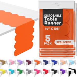 Swanoo Orange Plastic Disposable Table Runner. 5 Pack 14 x 108 inch. Scallop Table Runner Adds A Pop of Color to Your Party Table