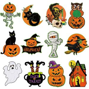 Large Vintage Halloween Decorations Cardboard Cutout Set of 12, Retro Spooky Ghost Cutouts Wall Decor Indoor Outdoor, Vintage Orange Green Black Paper Cut Outs Party Decoration (Large, Halloween)