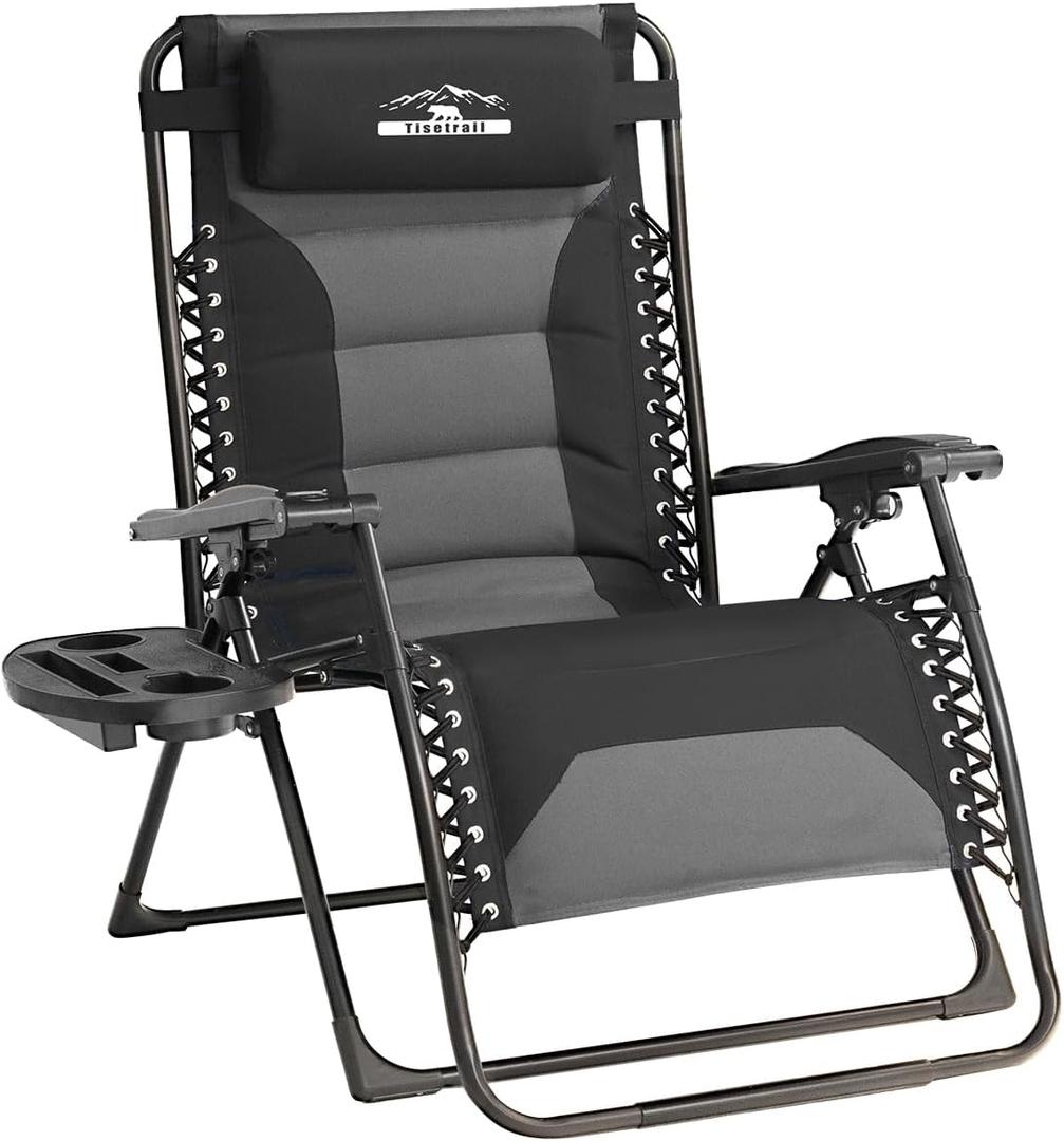Zero Gravity Chair Oversized Recliner Padded Reclining Patio Chairs Folding XL Anti Gravity Lounge Chair with Adjustable Pillow and Cup Holder for Outdoor Camping Patio Lawn (X-Large/1 PCS, Black & Gray)