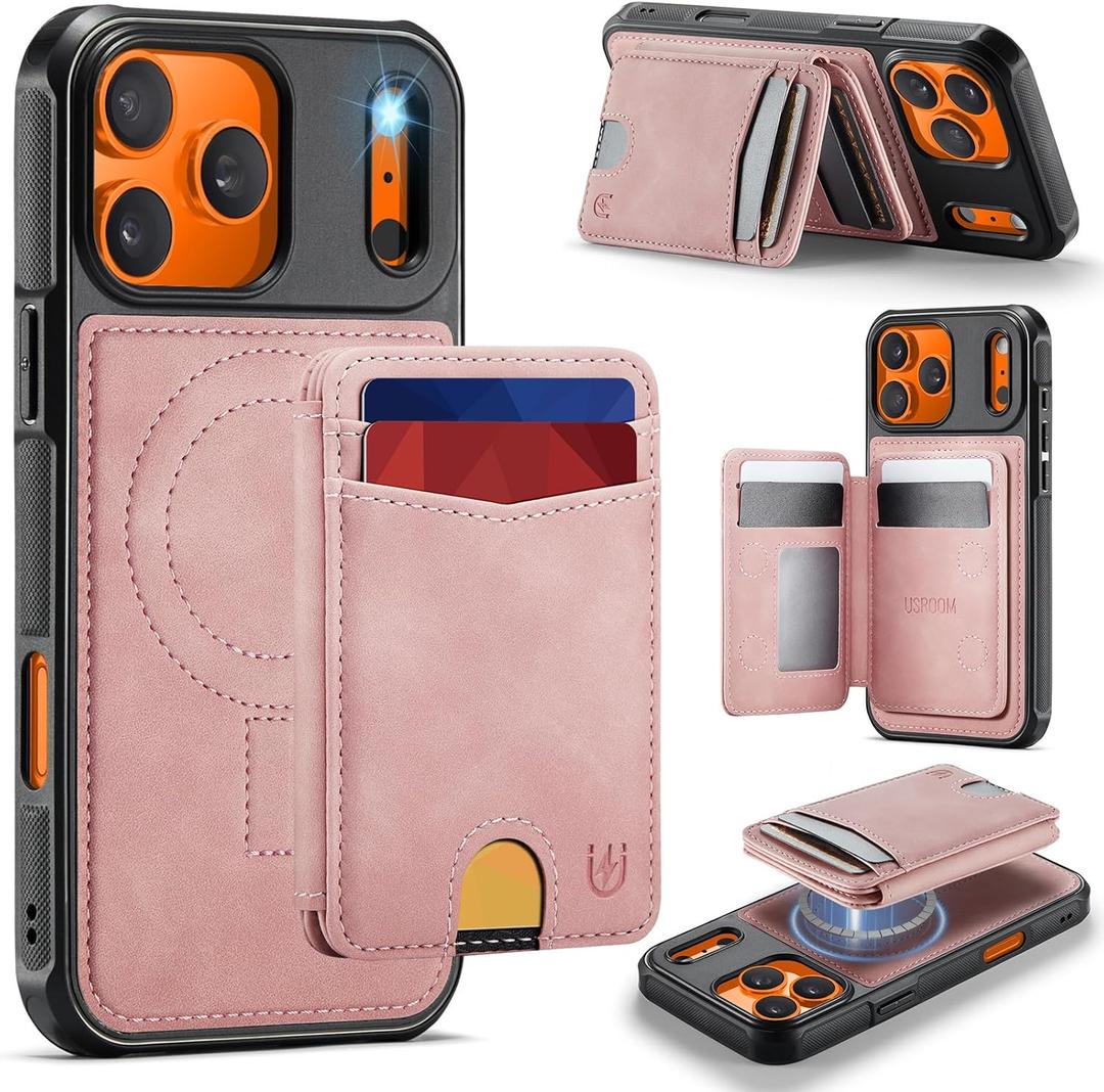 Usroom for iPhone 17 Pro Detachable Wallet Case with Card Holder, 2 in 1 RFID Blocking Credit Slots Kickstand Shockproof Phone Wallet for iPhone 17 Pro 6.3" Rose Pink