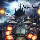 LYCGS 7X5ft Halloween Backdrop Full Moon Night Castle Bat Pumpkin Lantern Photography Backdrop Halloween Themed Party Background X-152