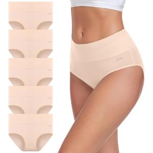 coskefy Women's High Waisted Cotton Underwear Soft Breathable Panties Stretch Briefs Ladies Panties 5 Pack (Medium, Beige)