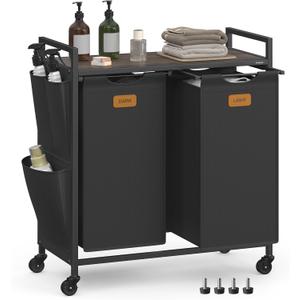 VASAGLE Laundry Hamper, Laundry Sorter Rolling Cart with Shelves, Small Side Pockets, 6 Labels, 2 Compartments, 26.4 Gal. (100 L), Ink Black and Ash Brown UBLH222BH01