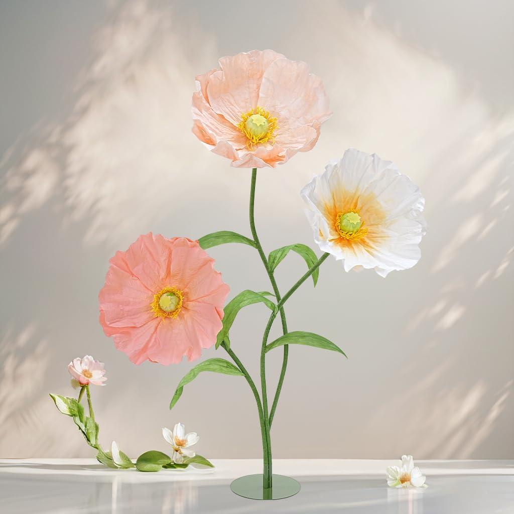 Artificial Giant Flowers for Decoration with Stand - 5.6 Ft 3D Large Paper Fake Flowers Wedding Floral Decor for Party Birthday Home Garden Outdoors Backdrop (Set of 3) (White & Light Champagne & Blush Pink)