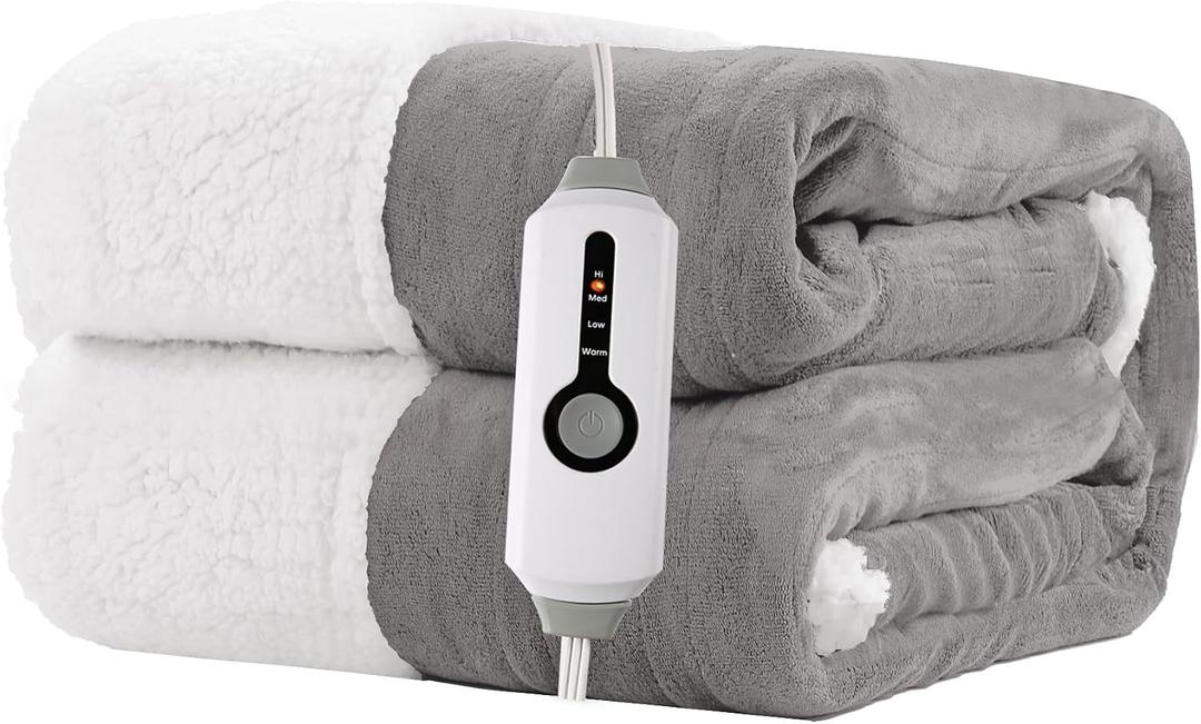 Electric Heated Blanket 62"x84" Twin Size for Safe All Night Rest, Dual-Sided Microplush Sherpa for Bedroom Couch Use, 4 Heat Settings & 10 Hours Auto Off Energy Saving, Machine Washable - Light Gray