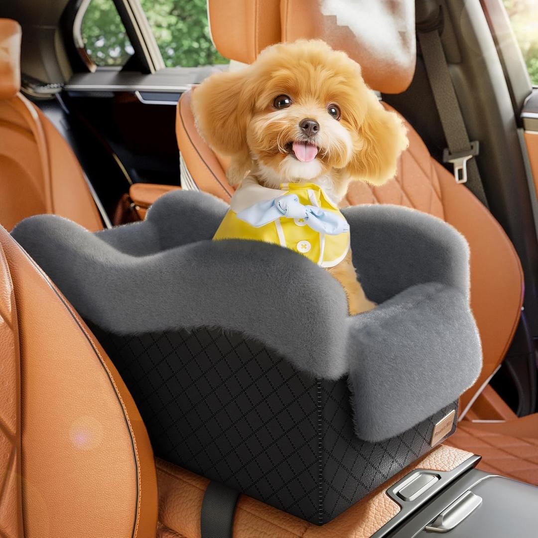 Portable Small Dog Seat for Car, Luxury Center Console Dog Car Seat Booster with Safety Tethers, Anti-Collapse Pet Travel Carseat for SUV, Truck (Black/Grey)