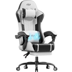 HLDIRECT Gaming Chair, Ergonomic Video Game Seat with 360° Swivel & Lumbar Massage, Computer Chair PU Leather Cushion for Adults Home/Office Use (Black & White), Backrest: 19.7 Inches, Height: 4 Inches