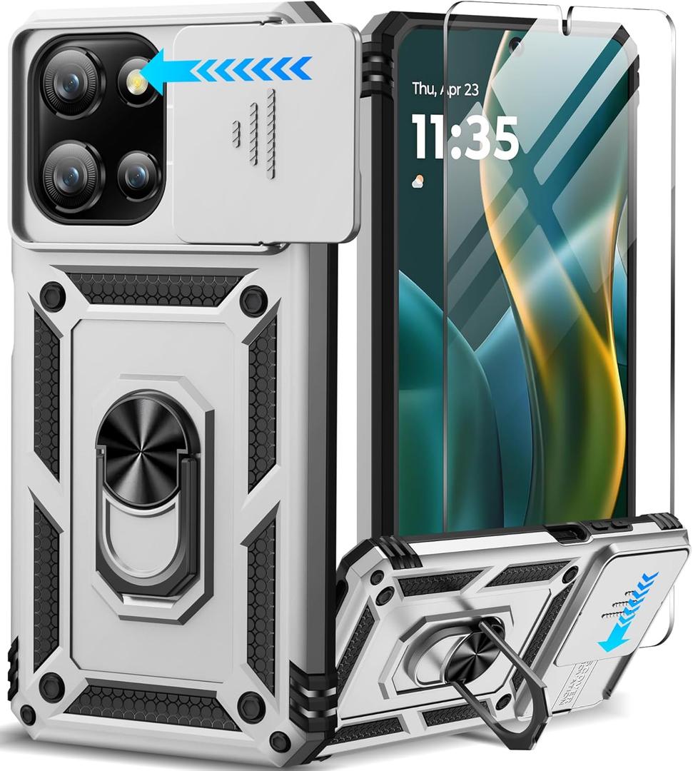 Taisairu for Motorola Moto G 2025/G 2026/G Play 2026 Case with Screen Protector & Slide Camera Lens Cover, Built-in Ring Stand Case for Moto G 2026/G 2025/G Play 2026 (Silver)