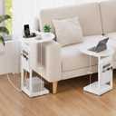 Vagusicc C Shaped End Table with Charging Station, 32" Tall Side Table for Couch and Recliner, Adjustable Height Small Couch Side Table Slide Under Sofa TV Tray Table for Living Room, Bedroom, White